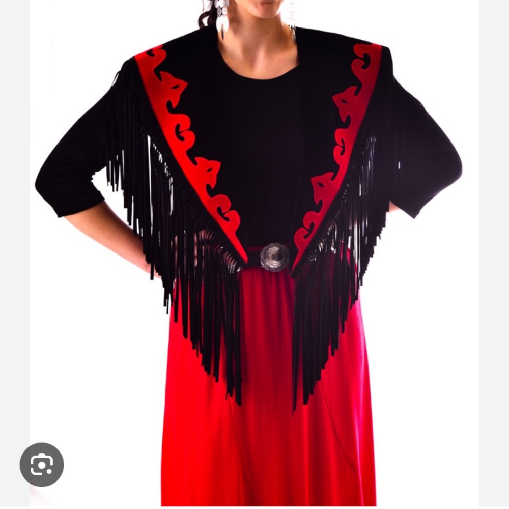 Ann N Eve Black Red Fringe Western Cowgirl Shawl - Picture 2 of 6